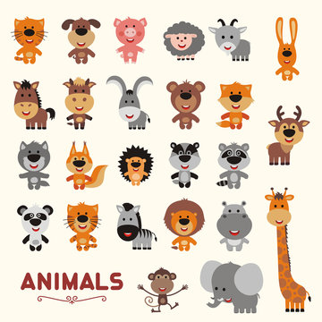 Big set funny animals. Vector collection isolated animals in cartoon style. Cute animals: forest, asia, africa, farm, domestic