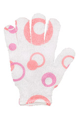 White hand bath sponge glove with red circles design, isolated