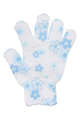 White hand bath sponge glove with blue flowers design, isolated