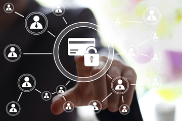 Businessman pressing button credit card lock security network