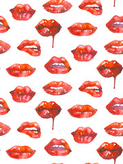Seamless watercolor pattern of sweet passion. Female lips isolated on nude backdrop. Makeup mouth. Woman kiss. 