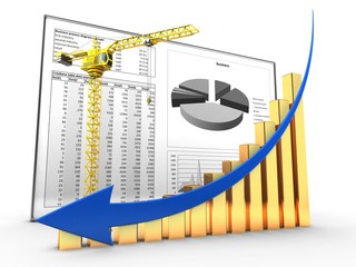 3d illustration of crane over business charts background with golden bars and arrow down