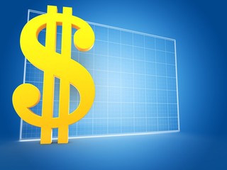 3d illustration of dollar symbol over blue grid background with blank