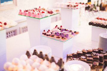 Delicious wedding reception candy bar dessert table