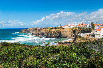 Zambujeira do Mar village and cliffs near the Atlantic ocean coast landscape, Alentejo, Portugal