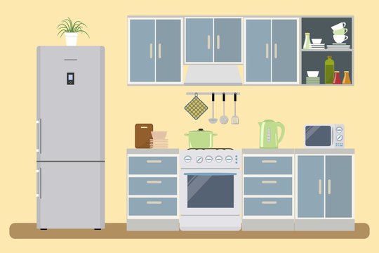 Kitchen interior vector illustration. There is a furniture of a gray-blue color, a refrigerator, a stove, a microwave and other objects in the picture