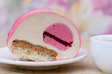 delicious slice of cake in color glaze