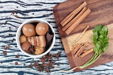 Stewed boiled egg with tofu and streaky pork ,call Khai Palo in