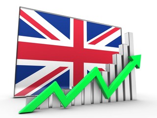 3d illustration of steel bars over UK flag background with green arrow rising