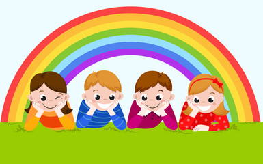 Fototapeta premium happy boys and girls lying on a green grass with rainbow. Vector illustration