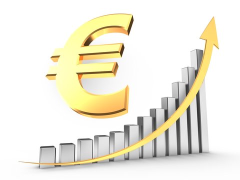 3d illustration of euro sign over white background with steel bars and yellow arrow up