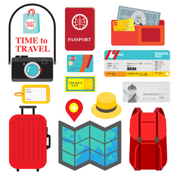 TIME TO TRAVEL
Collection of necessary things for trip is display as  travel packing checklist. Colorful icons in red, yellow and blue are fit to people who is ready for vocation. 
