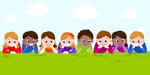 happy boys and girls lying on a green grass. Vector illustration