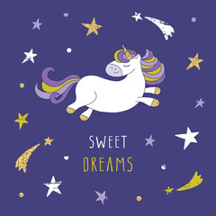 Unicorn on the night sky with stars and comets. Cute cartoon character for pajamas, sleepwear, t-shirts design, children's room decor. Sweet dreams card.