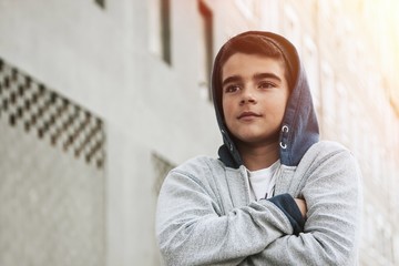 portrait of young boy in the city