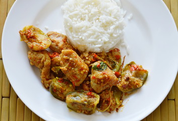 spicy stir fried fish ball eggplant and chili with rice