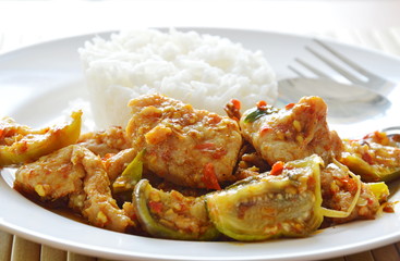 spicy stir fried fish ball eggplant and chili with plain rice