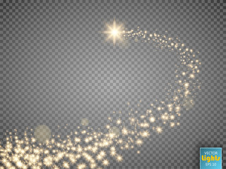Gold glittering star dust trail sparkling particles on transparent background. Space comet tail. © poppystyle