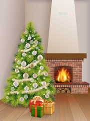 Christmas Interior with fir tree, brick fireplace and gift boxes. Vector realistic illustration. Background for xmas greeting card.