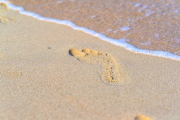 Fototapeta na wymiar traces of feet on the sand