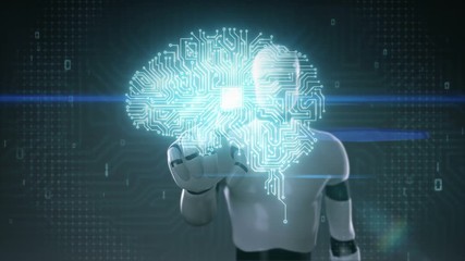 Robot cyborg touching brain connected CPU chip circuit board, grow artificial intelligence