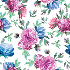  pattern of watercolor blue and red peonies