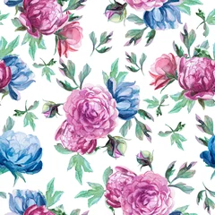 Poster  pattern of watercolor blue and red peonies © Kateryna