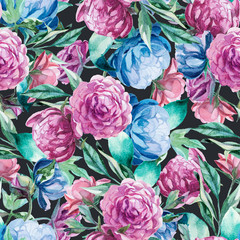 Seamless pattern of watercolor blue and red peonies on dark back