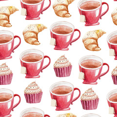Watercolor pattern of red teacup, cake and croissant