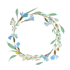 romantic wreath of blue flowers painted in watercolor