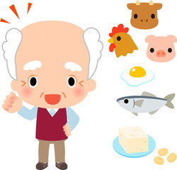 蛋白源となる食品と笑顔のシニア男性