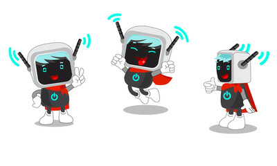 Cartoon Mascot Illustration Of A Computer And Wireless Internet. Vector Set On White Background. Mascot Computer Services. Mascot Computer Costume. Giving A Thumbs Up.