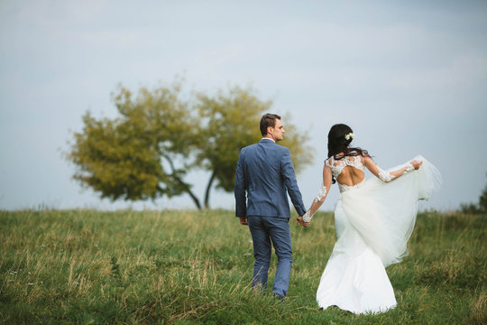 young charming  bride and her husband walking on the meadow