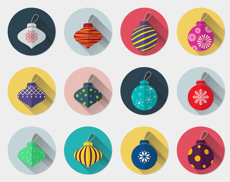 Set of collection Christmas ball flat icon with long shadow