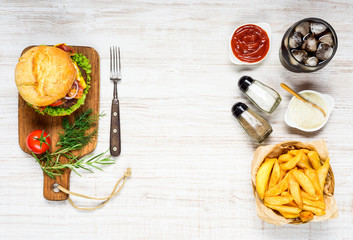 Burger and french Fries with Cola on Copy Space