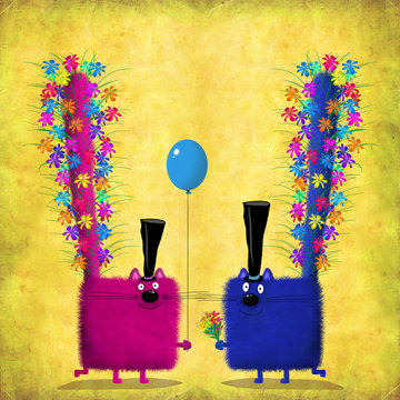 Pink And Blue Cats With Top Hats And Flowers In Tails