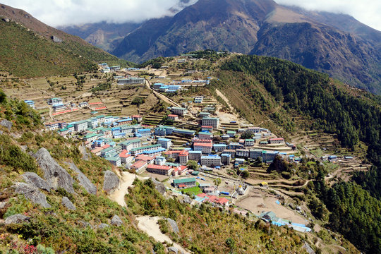 View of himalayan mountain village Namche Bazaar. Solukhumbu District, Sagarmatha National Park, Nepal
