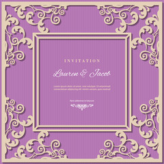 Wedding invitation card template with laser cutting filigree border. Elegant photo frame. Gold and purple contrast colors. Cardboard texture.