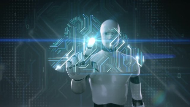 Robot cyborg touching cloud icon, Access Cloud computing service animation.Artificial Intelligence