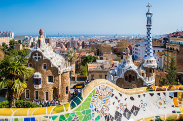 View of the entrance to the Park Guell by Antoni Gaudi. Barcelona, Catalonia, Spain