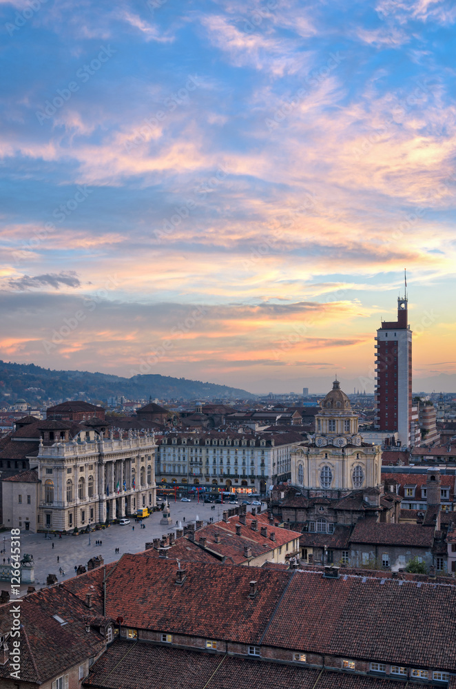 Wall mural turin (torino) panoramic view on piazza castello from the cathedral bell tower at sunset