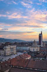 Turin (Torino) panoramic view on Piazza Castello from the Cathedral bell tower at sunset - 126645318