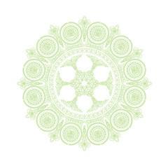Green delicate lace mandala pattern in boho style on white