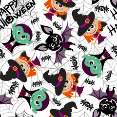Fototapeta na wymiar Seamless pattern of characters for Halloween in cartoon style. Witches. Easy to edit vector background of Halloween character. Vector illustration