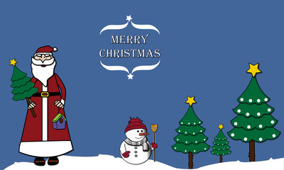 Merry Chirstmas con Papá Noel, muñeco de nieve y abetos 1.