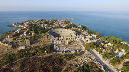 Naklejka na ściany i meble Ruins of the ancient city of Side and the Amphitheatre photo with the bird flight.