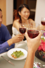 Friends raising wine glass, toasting