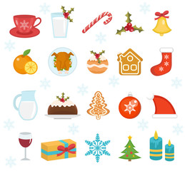 Christmas icons set. Set of traditional christmas symbols. Christmas design elements. Holiday dinner food icons. Vector illustration