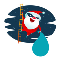 Vector illustration on Santa Claus masked superhero. Falling snowflakes. Bag with gifts and stockings. New Year, Christmas, Merry Christmas. Card, stickers, poster. Isolated on a white background © samorodinov