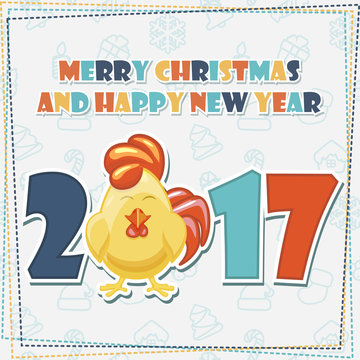 Set greeting card, Symbol Merry Christmas and Happy New Year - sticker Cute yellow cartoon Rooster